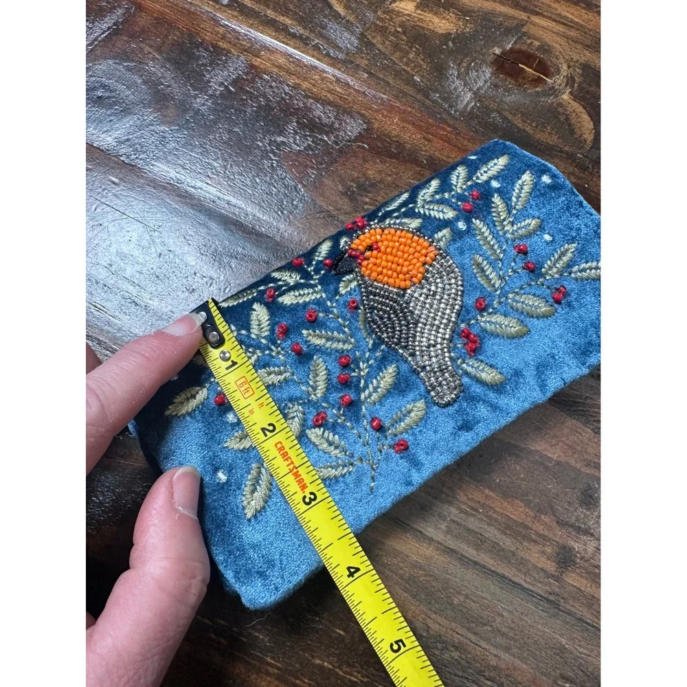 Blue Velvet Beaded Robin Bird Jewelry Roll Travel Organizer Case Embroidery